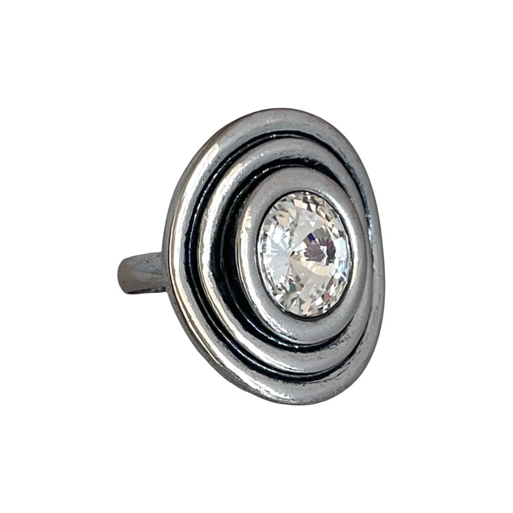 Premier Designs Ring Size 5 Large Clear Rivoli Crystal Enamel Silver Tone - 5H